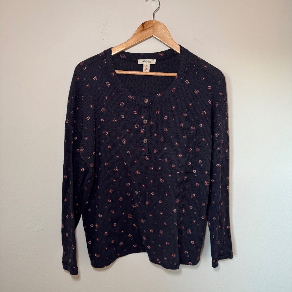 Madewell Henley Women's SM Navy Blue Ditsy Floral Prairie Thermal Casual Sweater